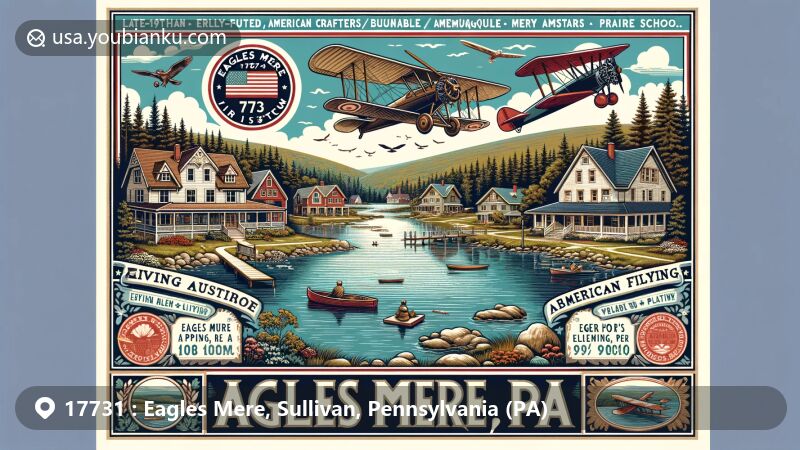 Modern illustration of Eagles Mere, PA, featuring ZIP code 17731, showcasing historic cottage architecture in Queen Anne, Bungalow/American craftsman, & Prairie School styles, Eagles Mere Lake, Eagles Mere Air Museum, antique airplanes, forested areas, and hiking trails.