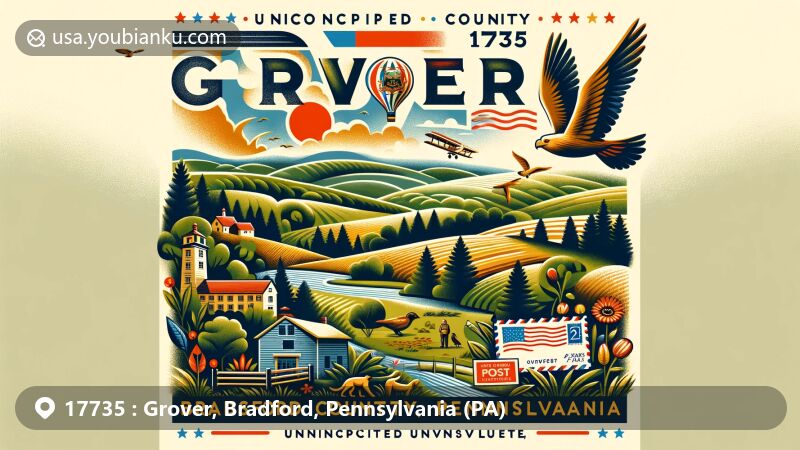 Modern illustration of Grover, Bradford County, Pennsylvania, highlighting rural charm with rolling hills, forests, and local wildlife. Includes a postal theme with vintage airmail envelope, Pennsylvania state flag stamp, and Grover postmark, ZIP code 17735.