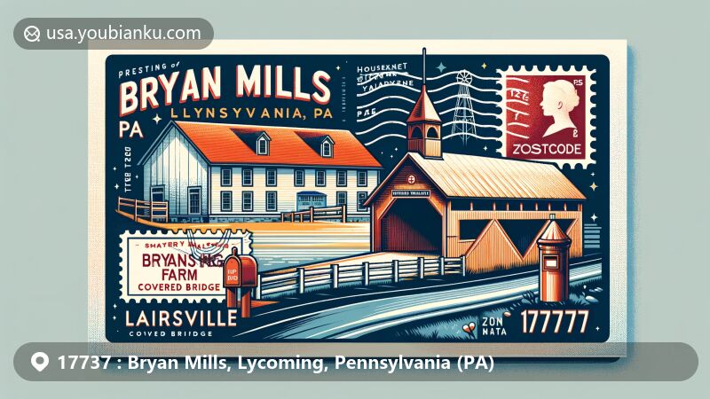 Modern illustration of Bryan Mills area, Lycoming County, Pennsylvania, featuring postal theme with ZIP code 17737, showcasing Houseknecht Farm and Lairdsville Covered Bridge.