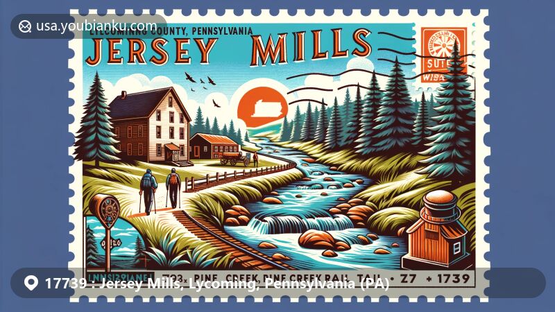 Modern illustration of Jersey Mills, Lycoming County, Pennsylvania, featuring Pine Creek, Pine Creek Gorge, and Pine Creek Rail Trail themes, with vintage postcard layout and ZIP code 17739, showcasing Pennsylvania state flag.