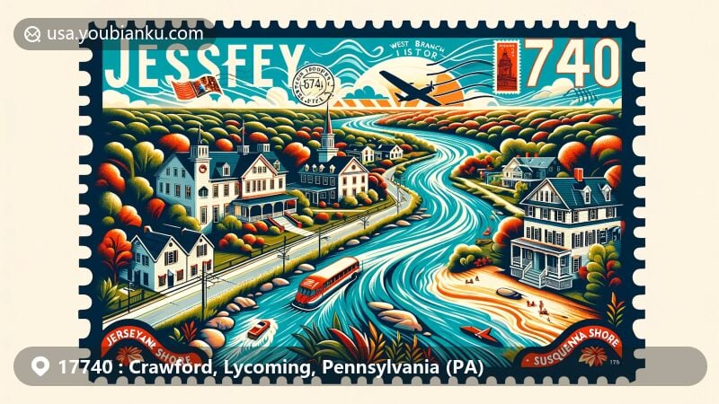 Modern illustration of Jersey Shore, Pennsylvania, highlighting ZIP code 17740 with Jersey Shore Historic District and West Branch Susquehanna River. Artistic representation showcasing historical significance and natural beauty, reminiscent of vintage postcards and air mail envelopes.