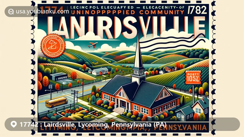 Modern postcard illustration of Lairdsville, Lycoming County, Pennsylvania, highlighting ZIP Code 17742 and community education theme with Renn Elementary School reference.