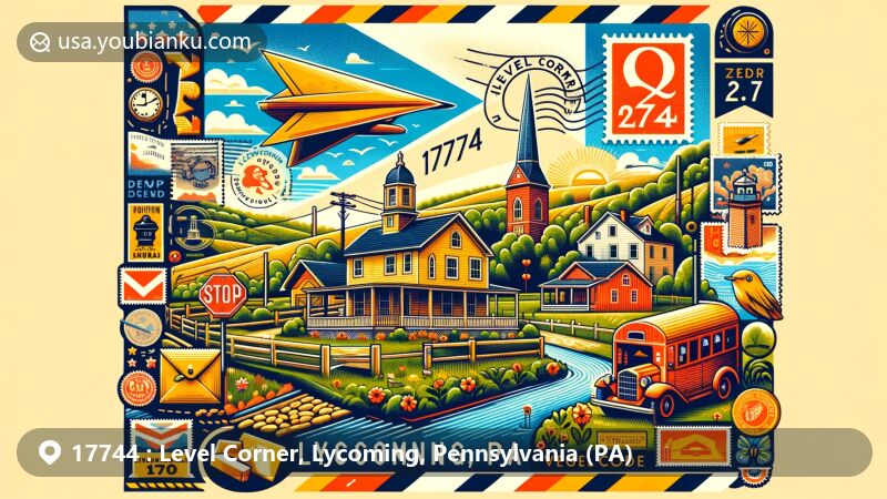 Modern illustration of Level Corner, Lycoming County, Pennsylvania, capturing the essence of ZIP code 17744 with a picturesque rural atmosphere, vintage postal elements, and close-knit community spirit.
