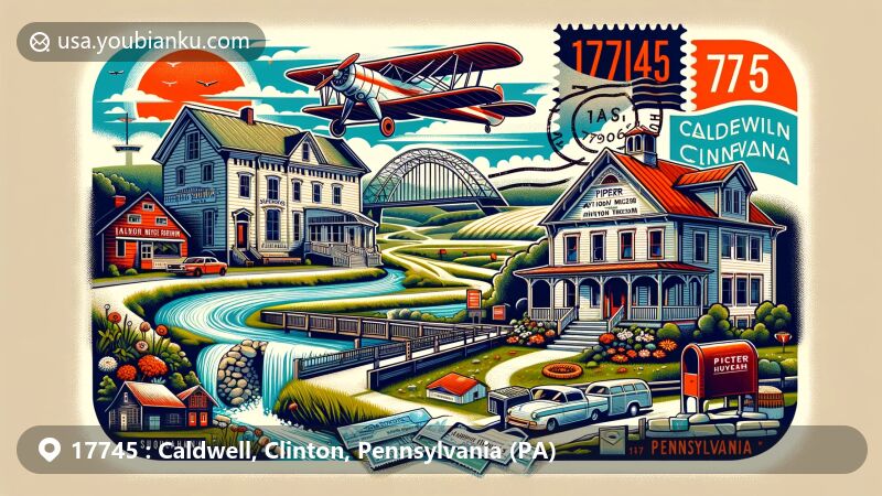 Contemporary illustration of Clinton County, Pennsylvania, depicting Heisey House Museum, Piper Aviation Museum, and Millbrook Playhouse, set in Lock Haven's picturesque landscape, styled as a modern postcard with postal elements.