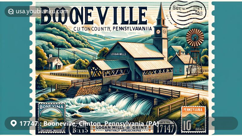 Wide-format illustration of Booneville, Clinton County, Pennsylvania, featuring Logan Mills Covered Bridge and Gristmill, surrounded by rolling hills and dense forests of the Ridge-and-Valley Appalachians, with vintage postal elements and ZIP code 17747.
