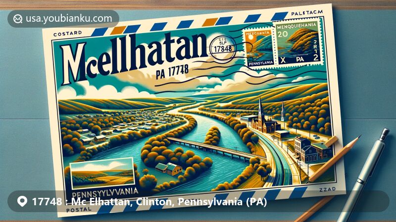 Modern illustration of McElhattan, Clinton County, Pennsylvania, featuring the West Branch of the Susquehanna River and U.S. Route 220, overlaid with postal elements like stamps, a postmark with ZIP code 17748, and airmail borders.
