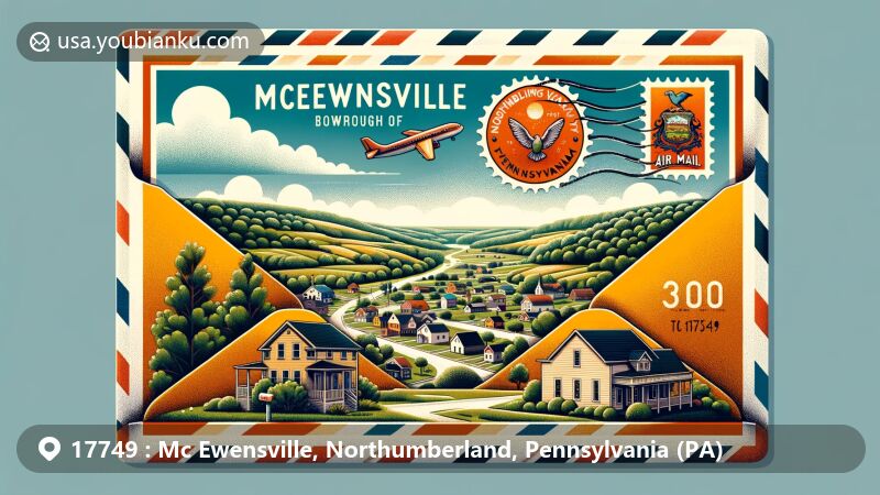 Modern illustration of McEwensville, Pennsylvania, featuring gentle rolling hills, small houses, and an air mail envelope with ZIP code 17749, symbolizing the borough's residential charm and postal connection.