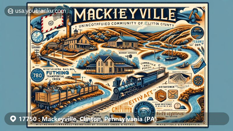 Modern illustration of Mackeyville, Clinton County, Pennsylvania, capturing postal theme with ZIP code 17750, showcasing Fishing Creek, Nittany Valley, Belle Springs Golf Course, Clinton County Fairgrounds, and historic transportation remnants.