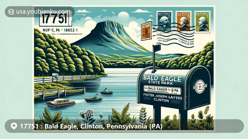 Modern illustration of Bald Eagle area, Clinton County, Pennsylvania, with Bald Eagle State Park, Foster Joseph Sayers Lake, and Bald Eagle Mountain, featuring vintage-style mailbox with ZIP code 17751 and postage stamps.