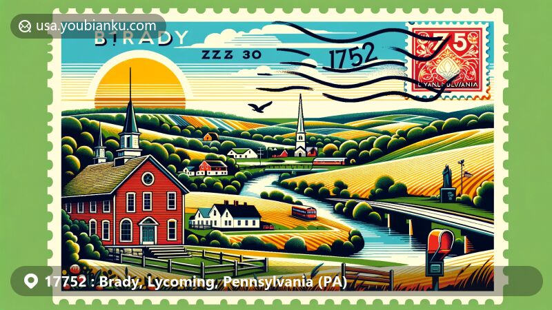 Modern illustration of Brady, Lycoming County, Pennsylvania, featuring rural landscape with rolling hills, iconic local landmark, postal theme with vintage postage stamp and ZIP code 17752, and warm community spirit.
