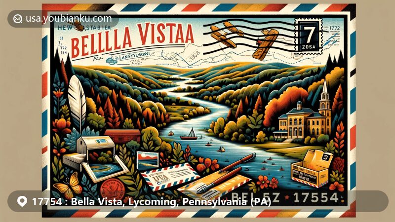 Modern illustration of Bella Vista area, Lycoming County, Pennsylvania, showcasing natural scenery and postal theme with ZIP code 17754, featuring iconic symbols and landmarks of Pennsylvania.