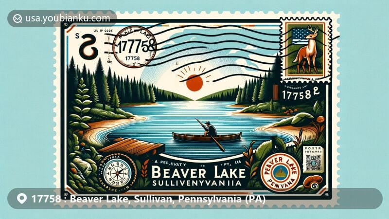 Modern illustration of the Beaver Lake area in Sullivan County, Pennsylvania, highlighting the tranquil waters of Deer Lake and surrounding forest, with symbolic elements like the state flag and postal features.
