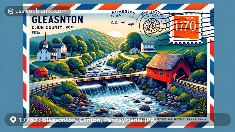 Modern illustration of Gleasonton, Clinton County, Pennsylvania, featuring Young Womans Creek and postal theme with ZIP code 17760, including Logan Mills Covered Bridge and Gristmill.