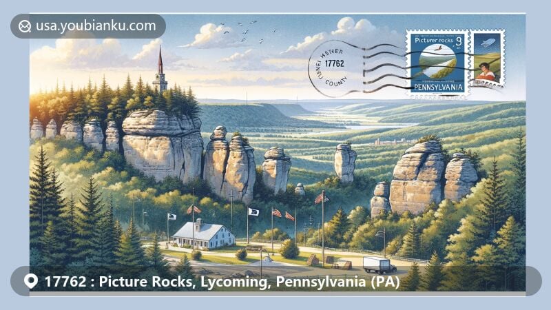 Illustration of Picture Rocks, Lycoming County, Pennsylvania, blending natural beauty with postal elements in a postcard-style scene, featuring 'The Rocks' landmark, postage stamps, postmark designs, and Pennsylvania state flag.