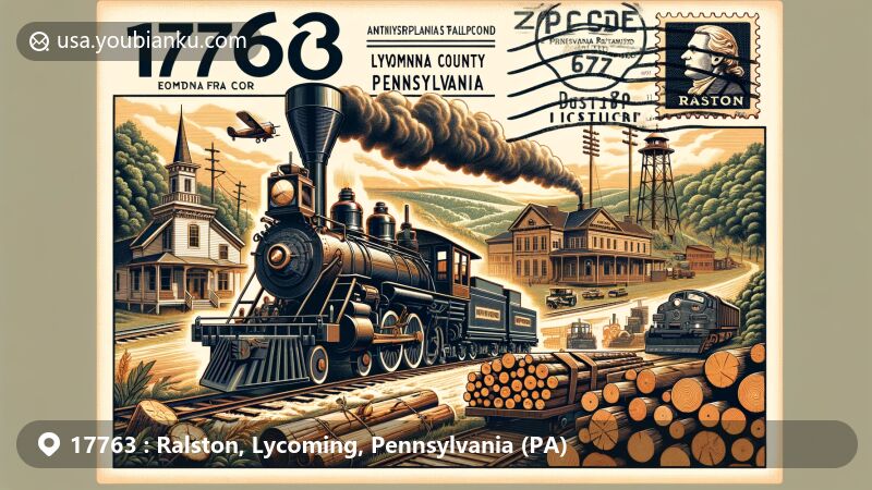 Modern illustration of Ralston, Lycoming County, Pennsylvania (PA), showcasing historical elements including Northern Central Railroad, Susquehanna & New York Railroad, logging industry, and Pennsylvania Railroad terminal with ZIP code 17763.