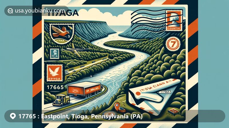 Modern illustration of Eastpoint, Tioga, Pennsylvania, showcasing natural beauty with Pennsylvania Grand Canyon and Tioga River, integrated with postal elements like airmail envelope, stamps, and postmarks with ZIP code 17765.