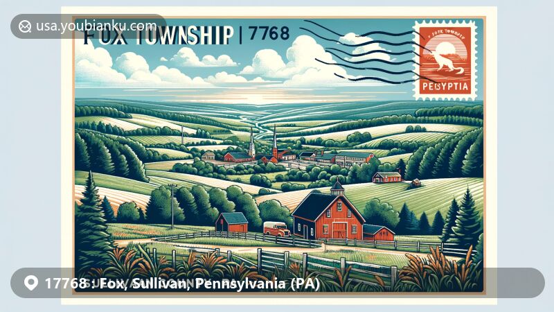 Modern illustration of Fox Township, Sullivan County, Pennsylvania, highlighting picturesque rural landscapes and postal theme with ZIP code 17768, featuring iconic landmarks and lush greenery typical of the area.