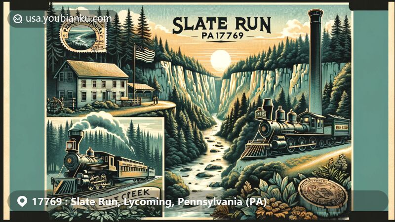 Modern illustration of Slate Run, PA, combining scenic beauty with postal elements for ZIP code 17769, featuring Pine Creek Gorge and historical references to the lumber industry.