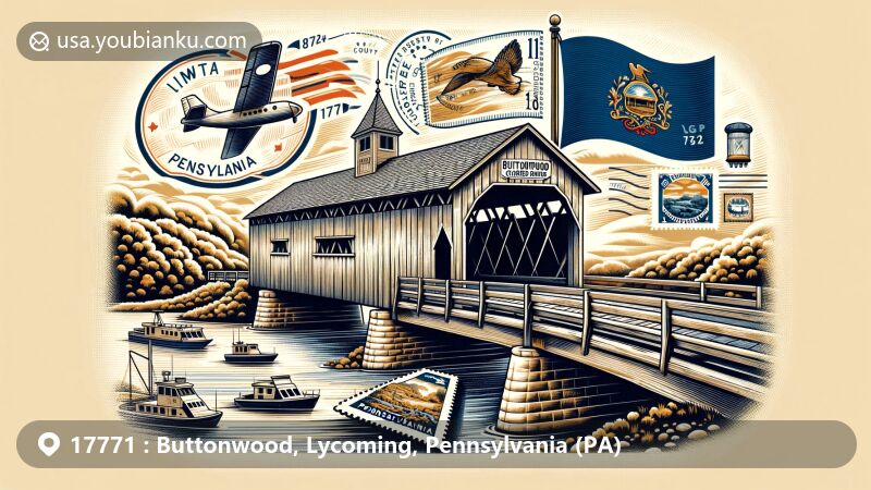 Modern illustration of Buttonwood Covered Bridge in Buttonwood, Lycoming County, Pennsylvania, with airmail envelope, stamps, and ZIP Code 17771, creatively merging regional traits and postal culture.