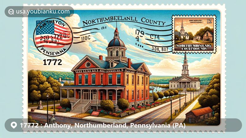 Modern illustration of Anthony, Northumberland County, Pennsylvania, featuring Joseph Priestley House and Northumberland County Courthouse, with a vintage postage stamp and postal motifs, highlighting ZIP Code 17772 and Susquehanna River scenery.