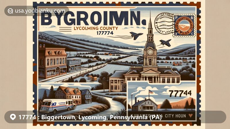 Modern illustration of Biggertown, Lycoming County, Pennsylvania, featuring Lycoming Creek, Williamsport City Hall, and natural beauty of the Pennsylvania wilderness, with vintage postal elements highlighting ZIP code 17774.