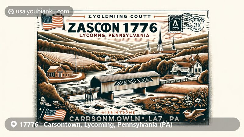 Modern illustration of Carsontown, Lycoming County, Pennsylvania, featuring iconic landmarks like Lantzville Covered Bridge, postal elements with vintage postcard design, stamps and postmarks, and natural features of valleys and streams, alongside Pennsylvania state symbols.
