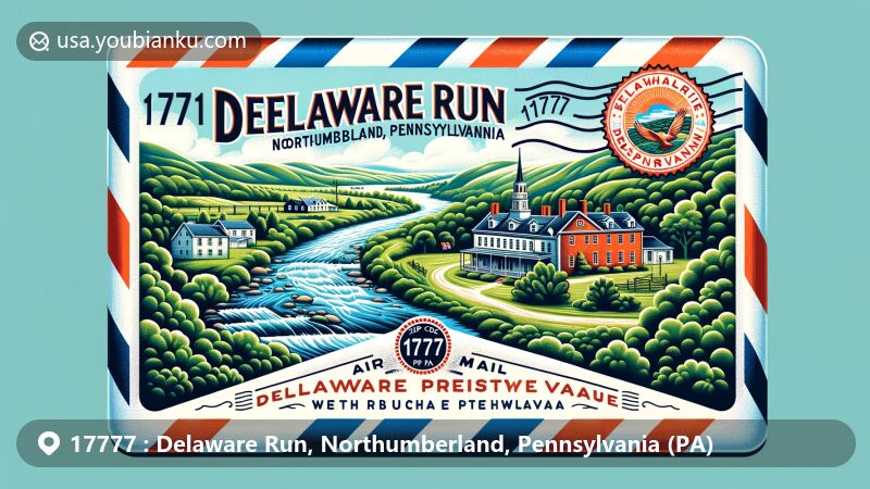 Creative illustration of Delaware Run, Northumberland, Pennsylvania, showcasing natural beauty, historical charm, and postal heritage, featuring the West Branch Susquehanna River, Joseph Priestley House, and vintage postage stamp with Pennsylvania state flag.