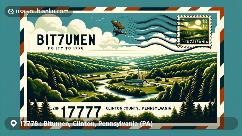 Modern illustration of Bitumen, Clinton County, Pennsylvania, featuring lush greenery and wooded areas, highlighting the tranquil rural landscape with postal elements like vintage airmail envelope, ZIP Code 17778 stamp, Bitumen postmark, and subtle local cultural references.