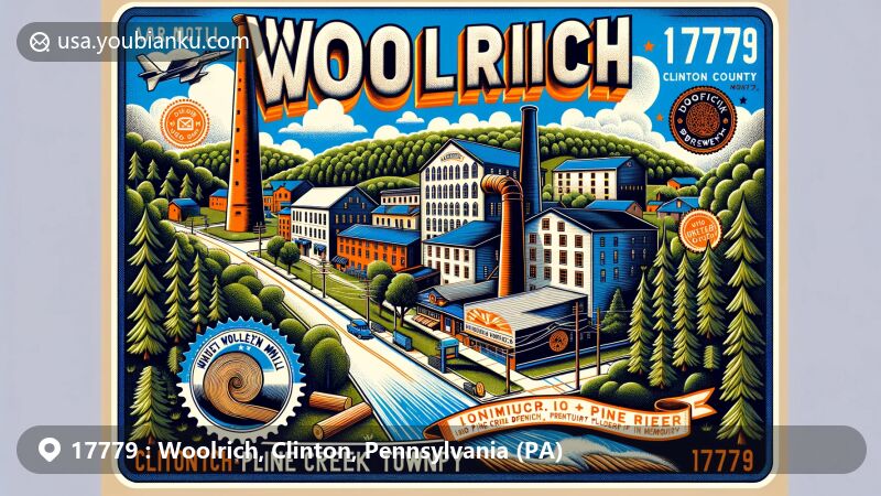Modern illustration of Woolrich, Clinton County, Pennsylvania, showcasing postal theme with ZIP code 17779, featuring iconic Woolrich Woolen Mill and local lumber industry elements.