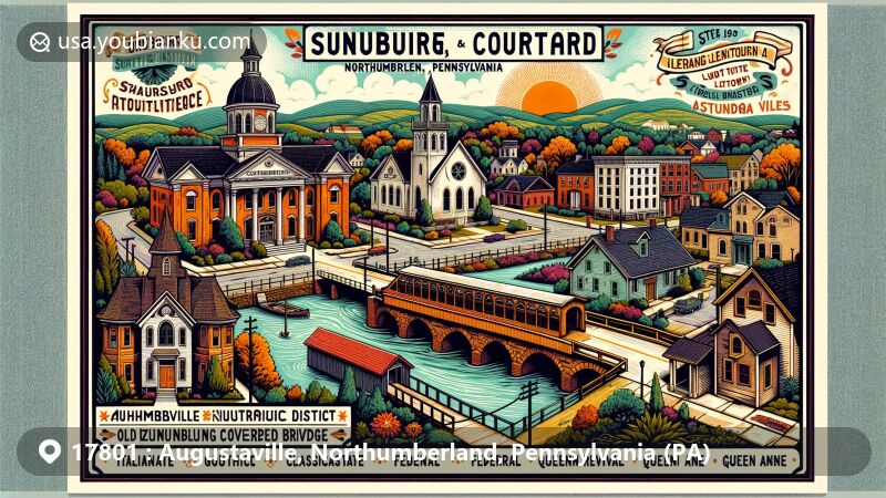 Modern illustration of Augustaville, Northumberland County, Pennsylvania, capturing Sunbury Historic District with diverse architectural styles, including Northumberland County Courthouse and Lawrence L. Knoebel Covered Bridge.