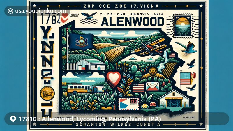 Modern illustration of Allenwood, Lycoming County, Pennsylvania, presenting postal theme with ZIP code 17810, featuring local symbols and landscapes from the Scranton-Wilkes-Barre Area.