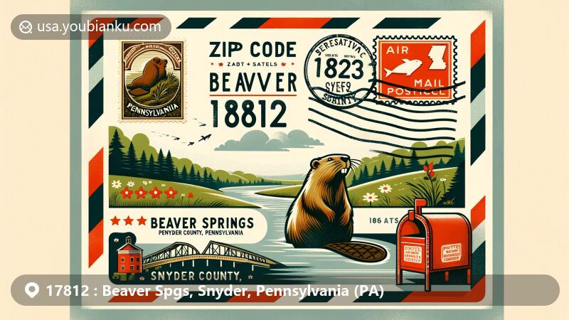 Modern illustration of Beaver Springs, Snyder County, Pennsylvania, featuring regional and postal elements, including lush landscapes, beavers, Snyder County outline, vintage postage stamp, ZIP Code 17812, postal mark, and red mailbox.