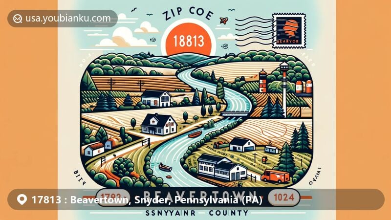 Modern illustration of Beavertown, Snyder County, Pennsylvania, highlighting postal theme with ZIP code 17813, featuring Susquehanna River Valley, agricultural and forested landscapes, postal elements like stamp, postmark, mailbox, and mail truck.