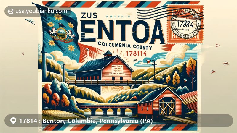 Modern illustration of Benton, Columbia County, Pennsylvania, featuring a postcard theme with vintage air mail envelope background, Pennsylvania state flag, Columbia County outline, covered bridges, farming, forests, and references to the lumber industry and Penn family's manors.