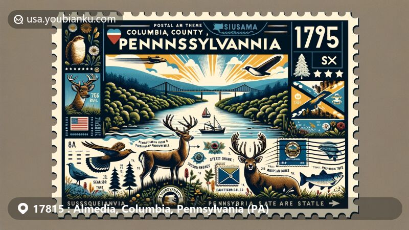 Modern illustration of Almedia, Columbia County, Pennsylvania, showcasing postal theme with ZIP code 17815, featuring Susquehanna River and Pennsylvania state symbols.
