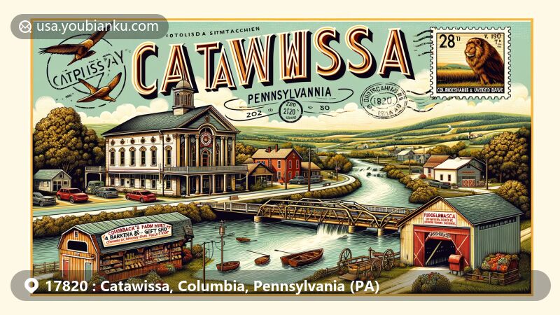 Modern illustration of Catawissa, Columbia County, Pennsylvania, showcasing postal theme with ZIP code 17820, featuring Catawissa Opera House and Susquehanna River.