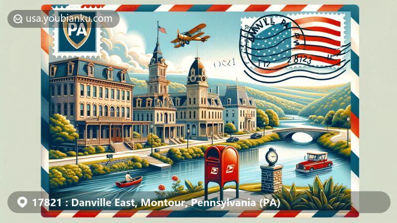 Modern illustration of Danville East, Montour County, Pennsylvania, showcasing architectural diversity of Danville Historic District, including Italianate, Federal, and Queen Anne styles, with natural beauty of Montour Preserve and Lake Chillisquaque.
