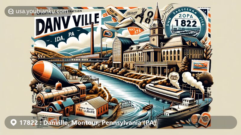 Modern illustration of Danville, Pennsylvania, featuring postal theme with ZIP code 17822, showcasing Thomas Beaver Free Library, historic Mill Street, and representation of iron industry.