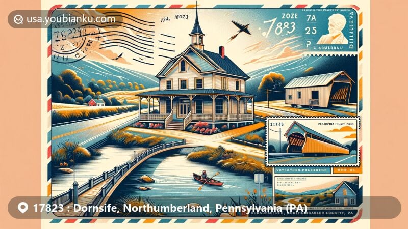 Modern illustration of Dornsife, Northumberland County, Pennsylvania, featuring the historic Joseph Priestley House, Susquehanna River, and Keefer Station Covered Bridge, with postal theme elements and vintage postcard format.