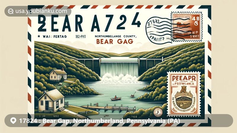 Modern illustration of Bear Gap area, Northumberland County, Pennsylvania, showcasing postal theme with ZIP code 17824, featuring Bear Gap Reservoir and Pennsylvania state symbols.