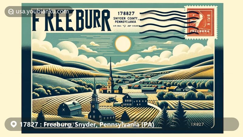 Modern illustration of Freeburg, Snyder County, Pennsylvania, capturing the essence of ZIP Code 17827 with a blend of natural landscape and agricultural heritage, featuring the Ridge and Valley topography of the Appalachian Mountains and over 400 active farms. Postal elements like stamps and postmarks are creatively incorporated, highlighting the historical charm and geographical features of Freeburg, including Shade Mountain and the Susquehanna River.
