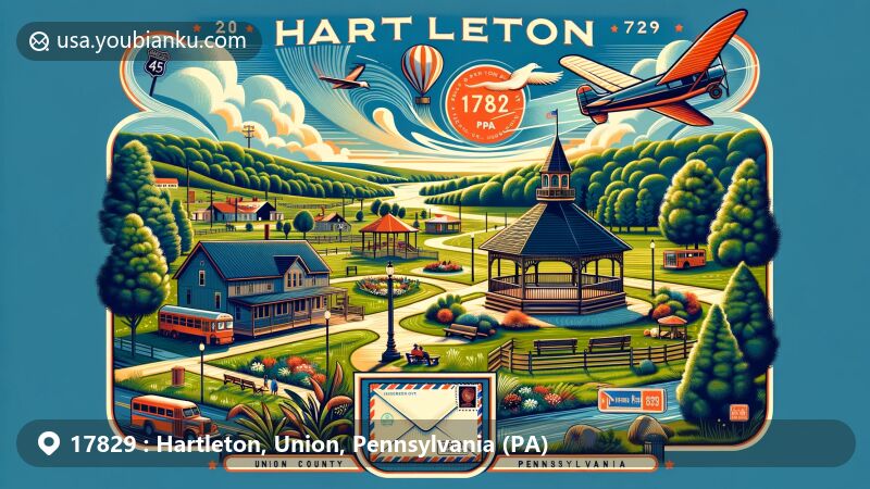 Modern illustration of Hartleton, Union County, Pennsylvania, showcasing rural charm and community life with elements of Hartleton Park, vintage airmail envelope, and ZIP code 17829, reflecting postal communication concept.