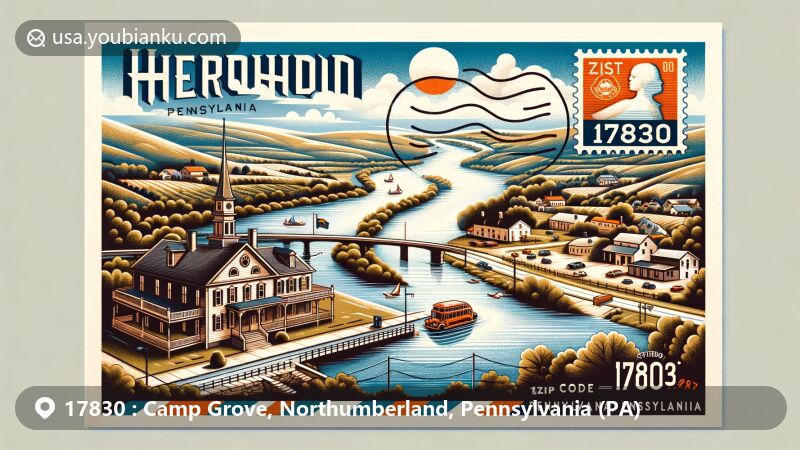 Modern illustration of Herndon, Pennsylvania, highlighting 17830 ZIP code area with Susquehanna River view and Herndon Camp Grove, featuring Pennsylvania state symbols and postal theme.