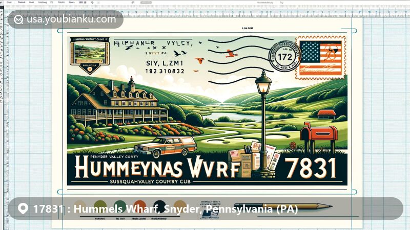 Modern illustration of Hummels Wharf, Snyder County, Pennsylvania, highlighting Susquehanna Valley Country Club and scenic golfing facilities against lush hills, with integrated state symbols and vintage postal theme.