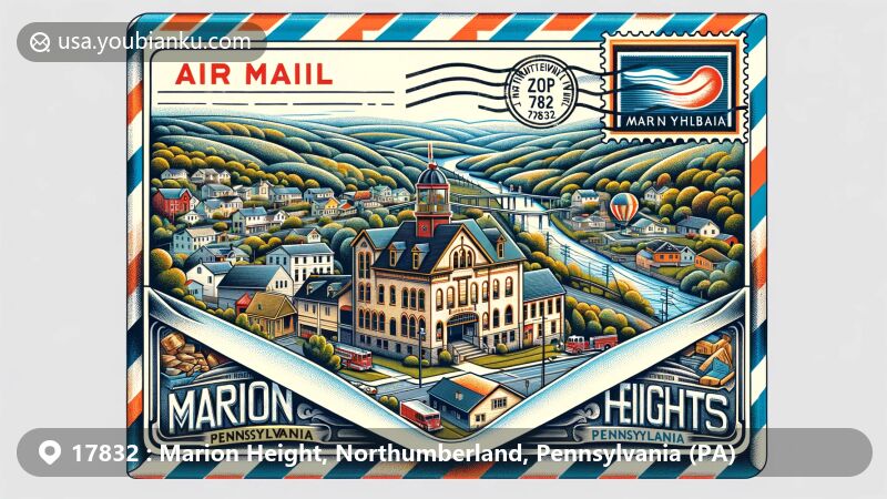 Modern illustration of Marion Heights, Northumberland County, Pennsylvania, highlighting postal theme with ZIP code 17832, showcasing local landmarks like the Marion Heights Fire Company building.