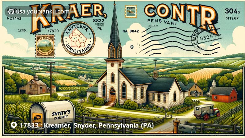 Modern illustration of Kreamer area, Snyder County, Pennsylvania, featuring St. Peter's Lutheran Church and rural agricultural environment, integrated into vintage postcard with Snyder County outline postage stamp and 'Kreamer, PA 17833' postmark.