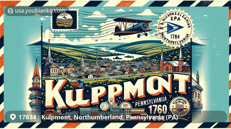 Modern illustration of Kulpmont area in Pennsylvania, blending local features with postal themes, featuring vintage airmail envelope with ZIP code 17834 and fictional postage stamp.