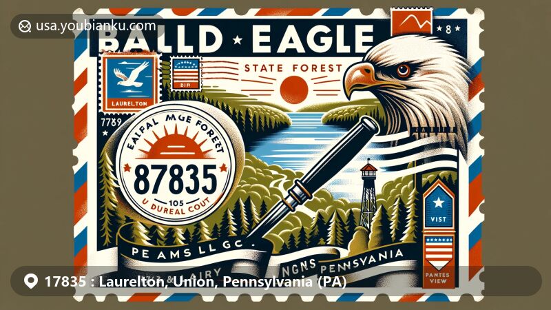 Modern illustration of Bald Eagle State Forest in Laurelton, Union County, Pennsylvania, designed as postcard with ZIP code 17835 and postal elements, featuring Penns View and state symbols.
