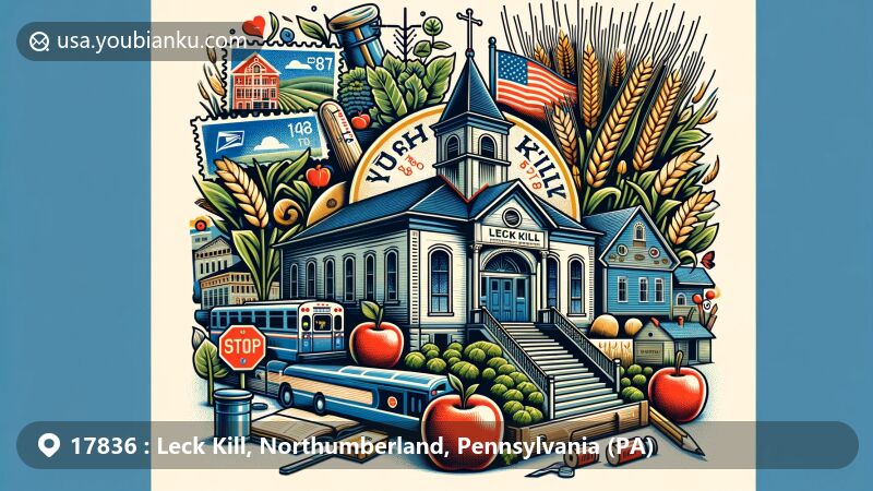 Creative illustration of Leck Kill, Pennsylvania, ZIP code 17836, showcasing agricultural and educational elements with postal features, symbolizing the community's heritage and emphasis on education.