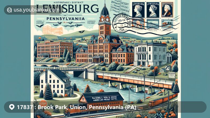 Modern illustration of Lewisburg, Pennsylvania, featuring historic buildings like Lewisburg Historic District, Chamberlin Iron Front Building, Packwood House-American Hotel, and Reading Railroad Freight Station, postal elements, Susquehanna River, Hufnagle Park, and Bucknell University.